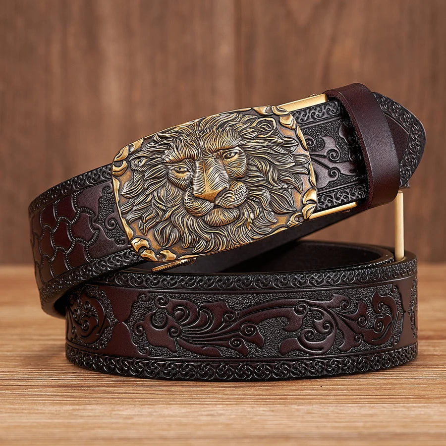 Men's 3.5CM Genuine Leather Belt with Lion Pattern & Automatic Buckle