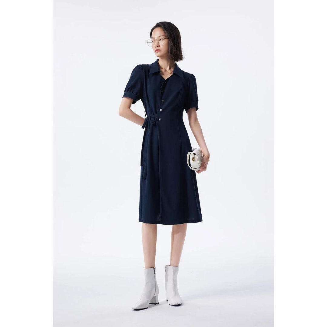 Elegant Navy Dress with Lace-Up Waistband