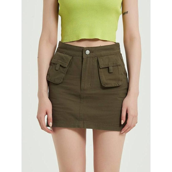 Green Denim High-Waist Pencil Skirt with Pockets