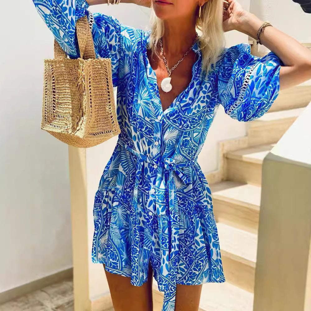 Fashion Stand Collar Straight Print Beach Holiday Dress