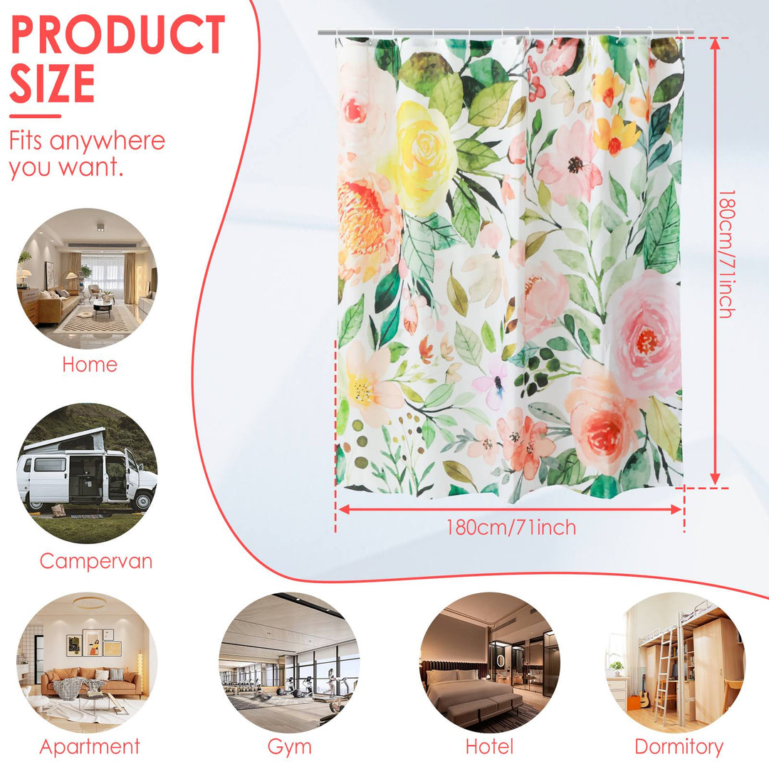 Waterproof Anti-Mold Floral Shower Curtain with 12 Hooks