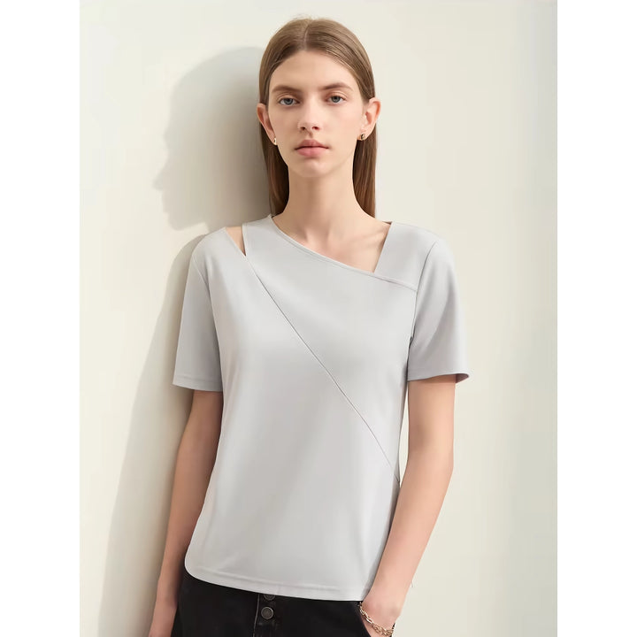 Asymmetric Oblique V-neck Split Short-sleeved Slim Stretch Casual Top