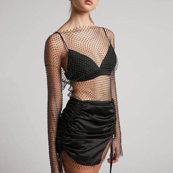 Sheer Rhinestone Studded Cover Up & Triangle Bikini Set