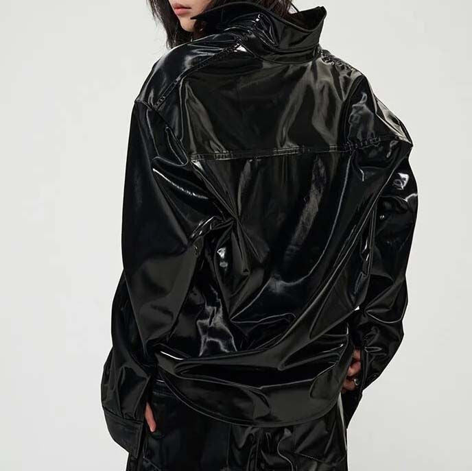 Fleece-Lined PU Leather Glossy Jacket