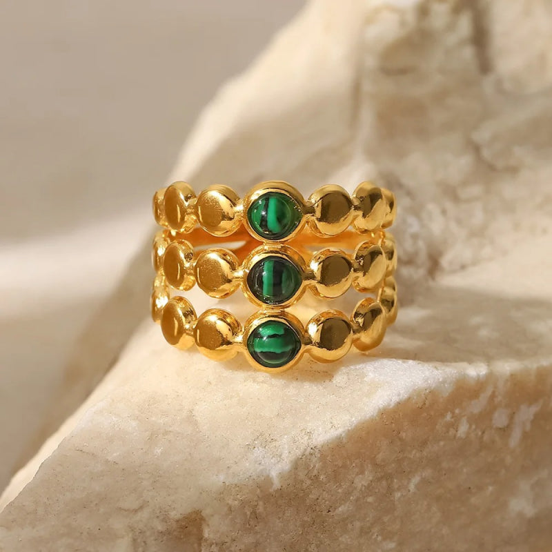 18K Gold Plated Green Malachite Triple Layer Adjustable Ring