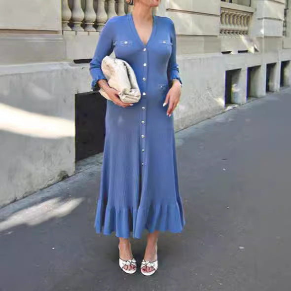 French Style Elegant V-neck Ruffle Sleeve Mid-length Knitted Dress Women