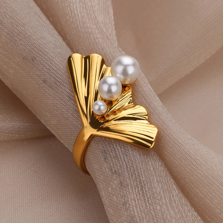 Mermaid Tail Stainless Steel Ring with Imitation Pearls – Luxury Women's Jewelry