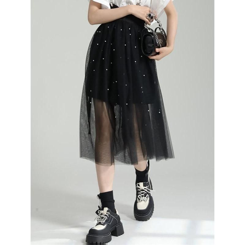 Elegant Black Dot Mesh Half-Body Skirt