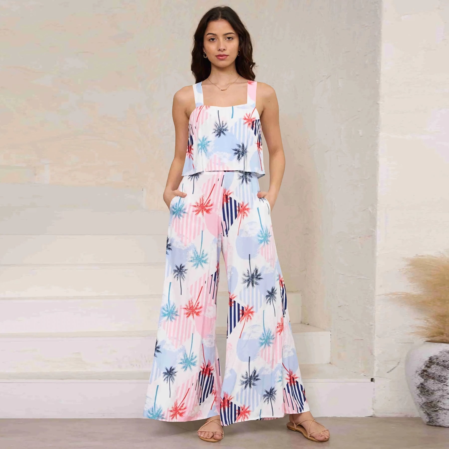 Chic Paisley Print Wide Leg Jumpsuit with Suspender Top Set - Women&