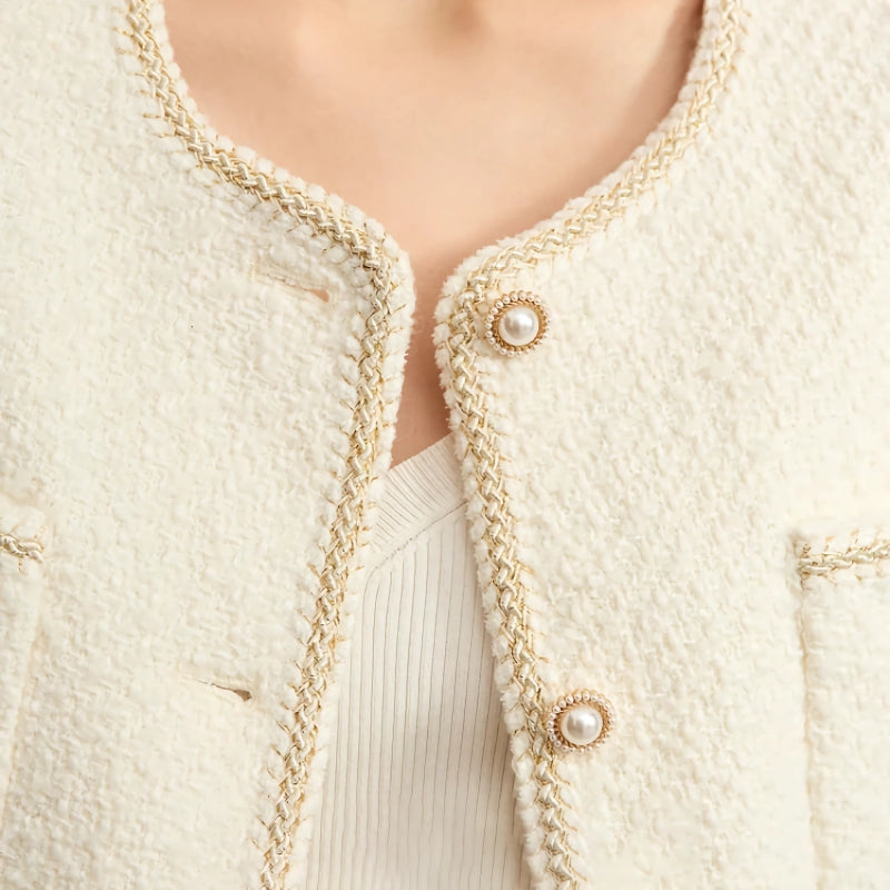 Elegant Crewneck Beaded Buckle Jacket