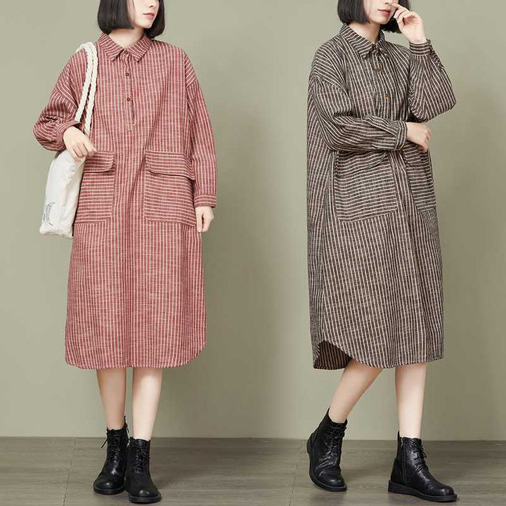 Korean Style Plus Size Striped Loose Long Sleeve Dress Women