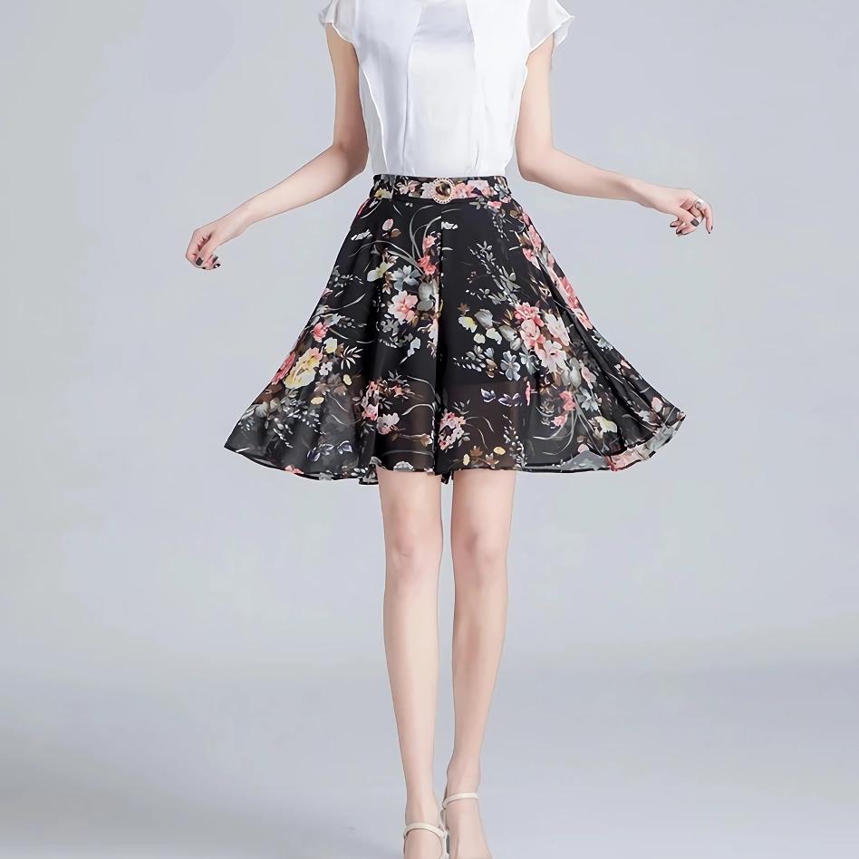 Women's Floral Chiffon Skirt-Style Shorts