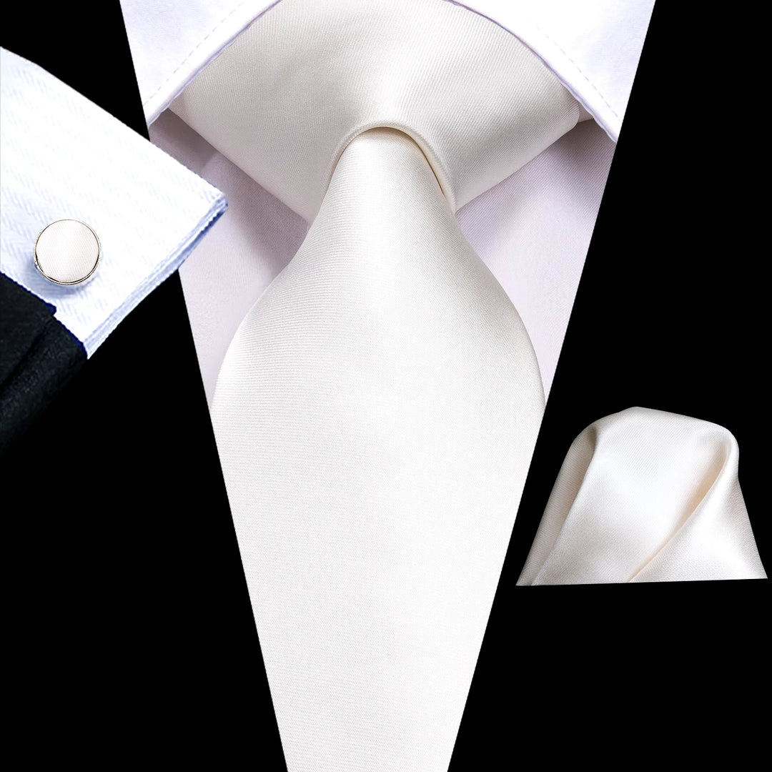 Classic White Silk Necktie Set with Pocket Square & Cufflinks