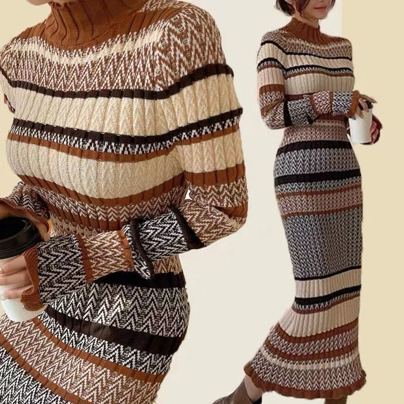 Autumn And Winter Retro Mixed Color Stripe Long Dress