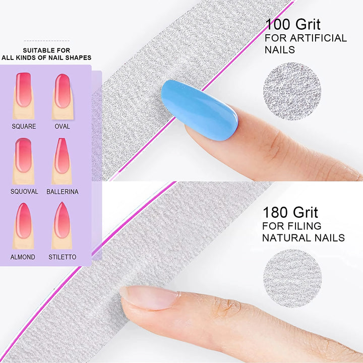 Double-Sided Emery Board Nail Files - 100/180 Grit Professional Nail Styling Tools