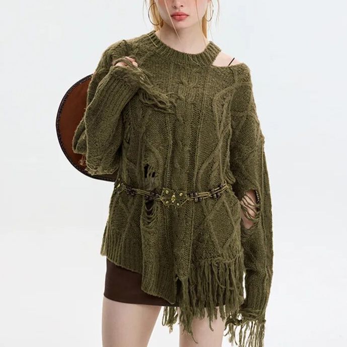 Hollowed-Out Tassel Loose Fit Knit Sweater