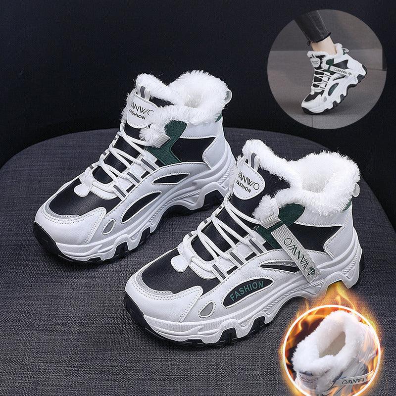 Fashion Black White Lace-up Sneakers Winter Warm All-match Plush Shoes Women Plus Velvet Fleece Flat High-top Sports Shoes - Trendha