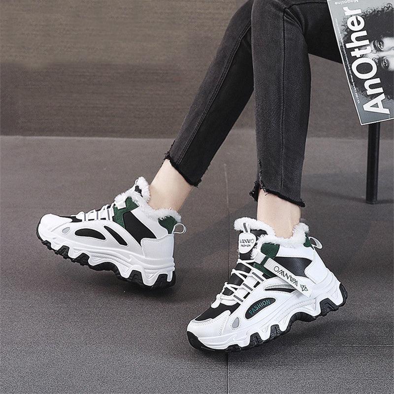 Fashion Black White Lace-up Sneakers Winter Warm All-match Plush Shoes Women Plus Velvet Fleece Flat High-top Sports Shoes - Trendha
