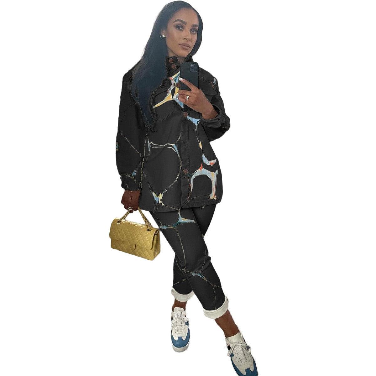 Fashion Casual Printing Shirt Collar Coat Two-piece Set - Trendha