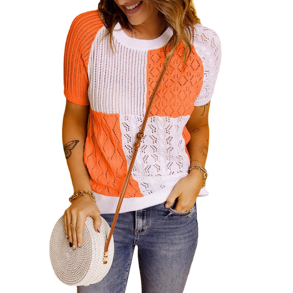 Fashion European American Summer New Color Block Knitted Short Sleeve T-shirt Top Knitwear - Trendha