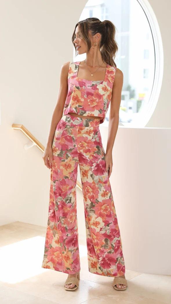 Fashion Floral Print Fresh Suspender Suit - Trendha