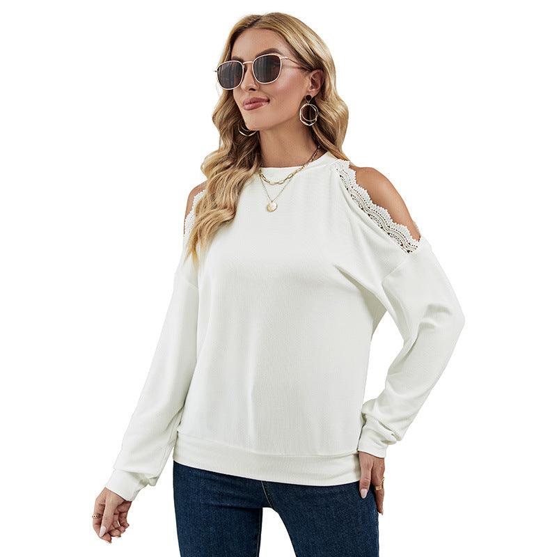 Fashion Lace Panel Sexy Shoulder Drop Casual European And American T-shirt - Trendha