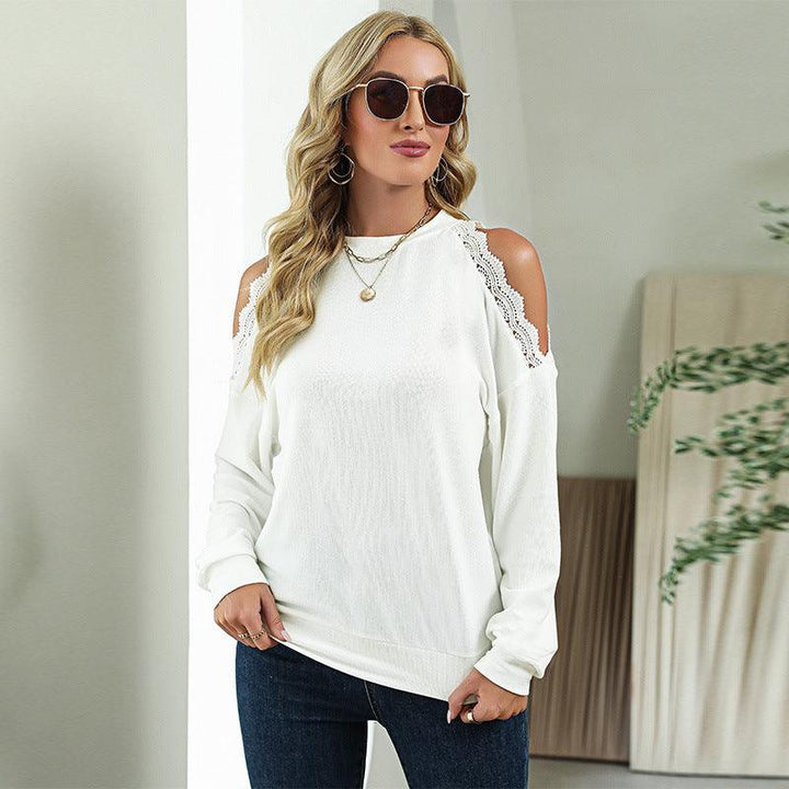 Fashion Lace Panel Sexy Shoulder Drop Casual European And American T-shirt - Trendha