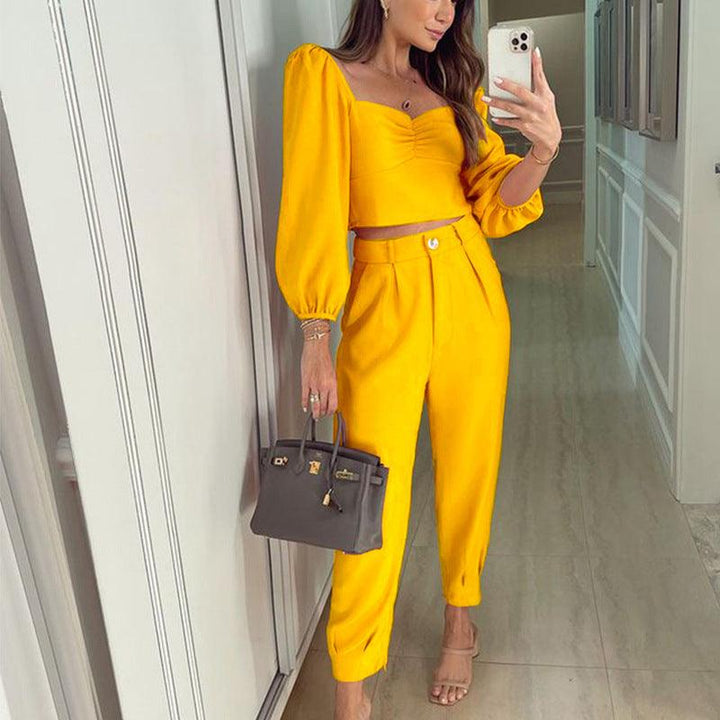 Fashion Matching Suit Temperament Pure Color Square Collar Long Sleeve Top High Waist Ankle-tied Trousers Two-piece Set - Trendha