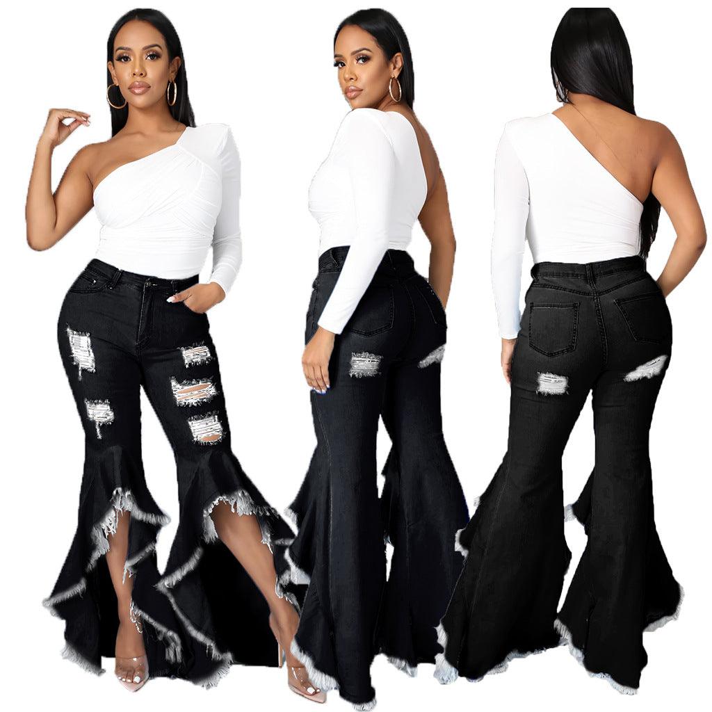Fashion Stitching Ripped Washed Denim Stretch Slim Bell-bottom Pants - Trendha