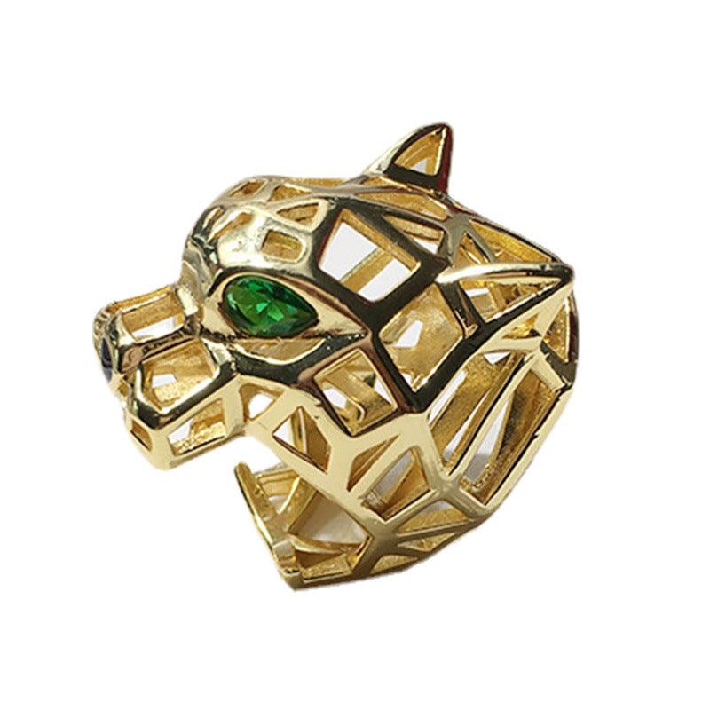 Fashionable Personality Charm Cool Hollow Green Eye Tiger And Leopard Head Ring - Trendha