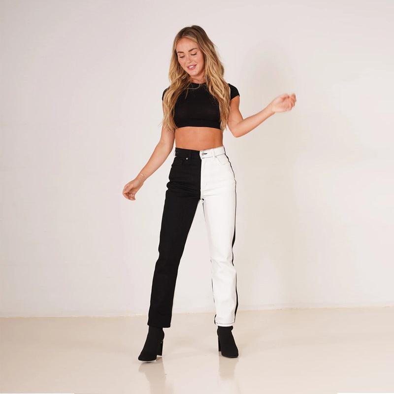 Fashionable Stretch Contrast Color Straight High Waist Jeans For Women - Trendha