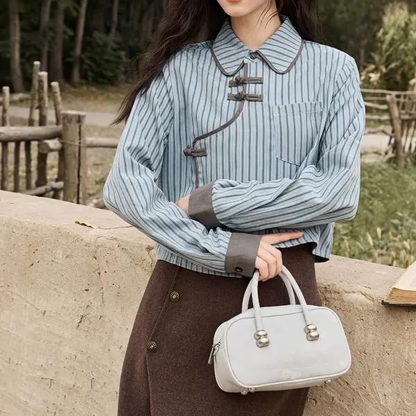 Blue-Grey Striped Patchwork Blouse