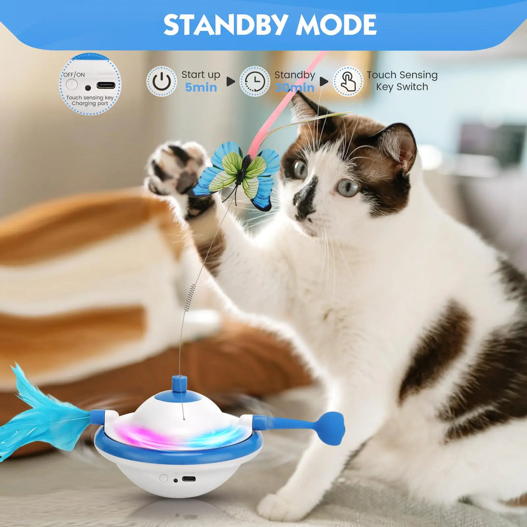 3-in-1 Interactive UFO Cat Toy with Feather, Butterfly, and LED Light