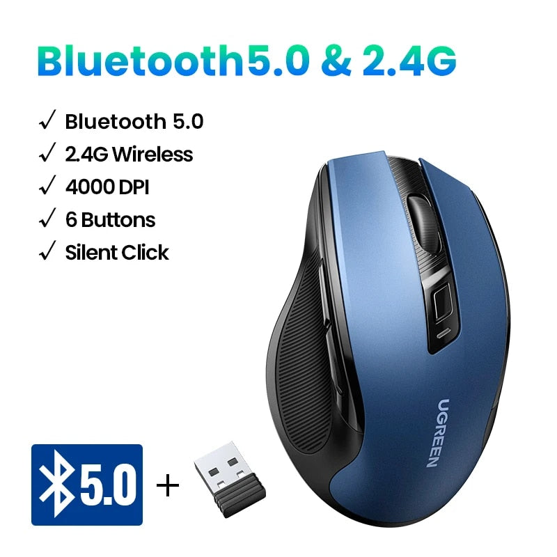 Wireless Bluetooth 5.0 & 2.4G Ergonomic Mouse - 4000DPI, 6 Silent Buttons, Dual Mode Connectivity