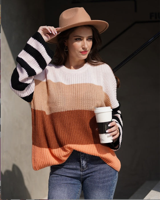 Women's Color Stitching Knit Pullover Loose Sweater