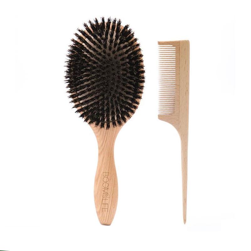 Oak Wood Boar Bristle Hair Brush for Detangling and Scalp Massage
