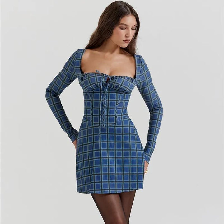 Chic Tartan Backless Mini Dress with Square Collar and Lace-Up Detail