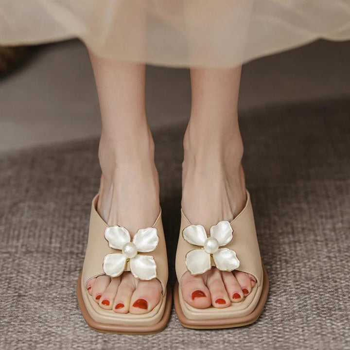 Elegant Pearl Flower High Heel Wedge Slides
