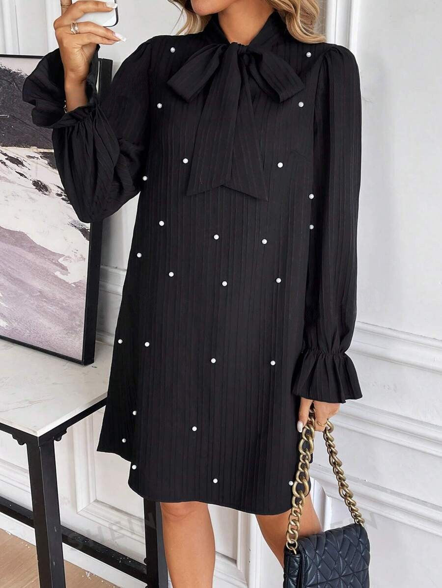 Women's Lace-up Bead Long Sleeve Solid Color Loose Dress