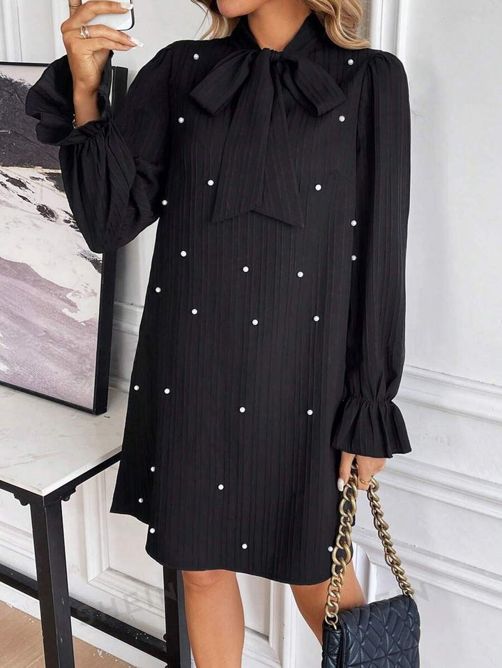 Women's Lace-up Bead Long Sleeve Solid Color Loose Dress
