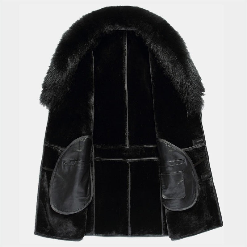 Winter Big Fur Collar Men's Leather Coat Padded Fleece Jacket