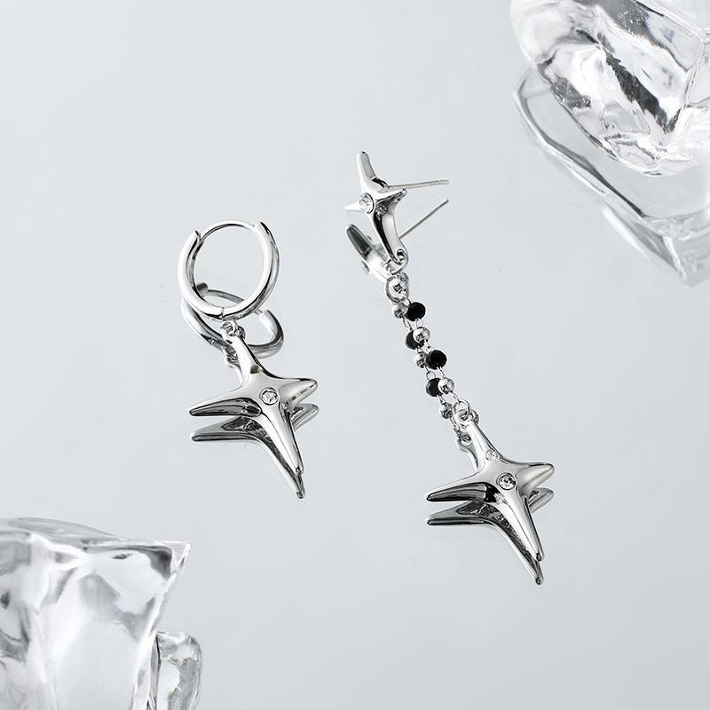 Female Minority Design Asymmetric Four Star Silver Needle Earrings - Trendha