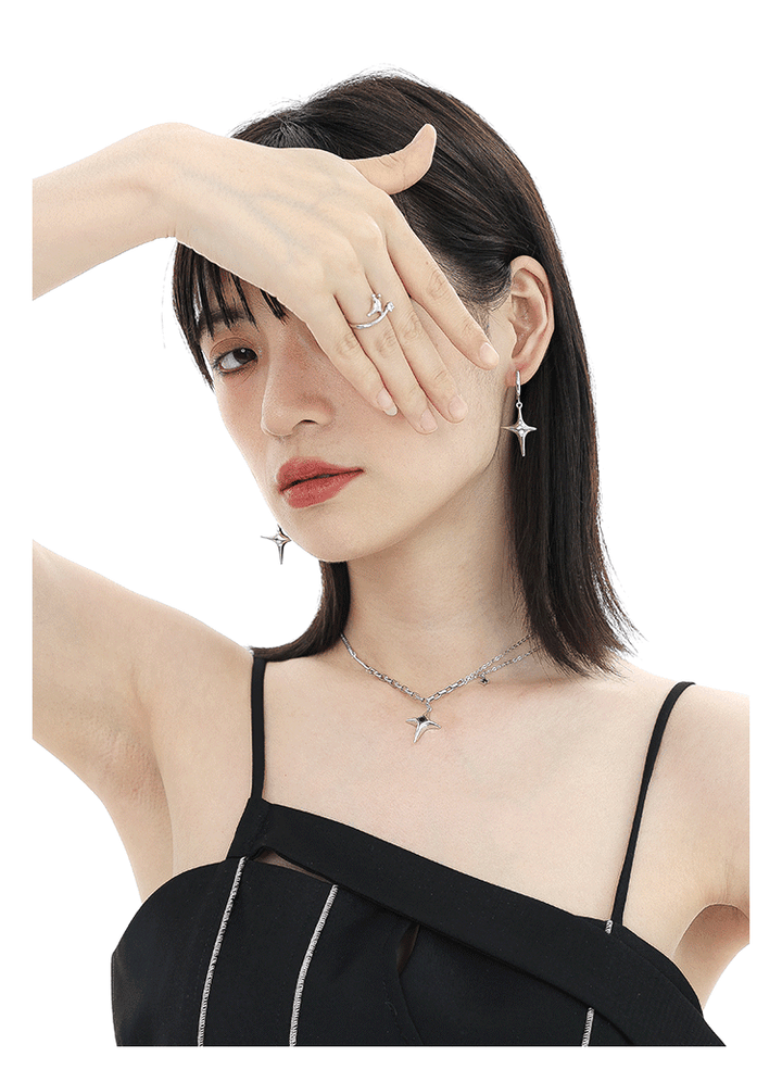 Female Minority Design Asymmetric Four Star Silver Needle Earrings - Trendha