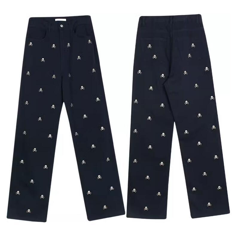 Female Tibetan Blue Skeleton Head Straight Tube Loose Relaxed Pants - Trendha