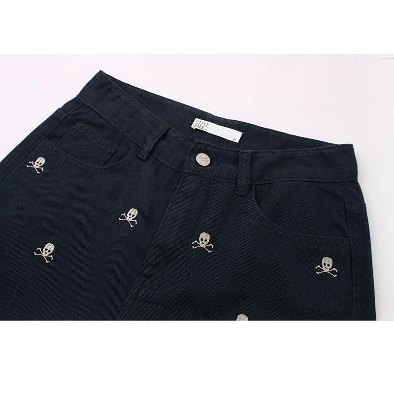 Female Tibetan Blue Skeleton Head Straight Tube Loose Relaxed Pants - Trendha