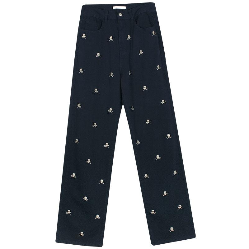 Female Tibetan Blue Skeleton Head Straight Tube Loose Relaxed Pants - Trendha