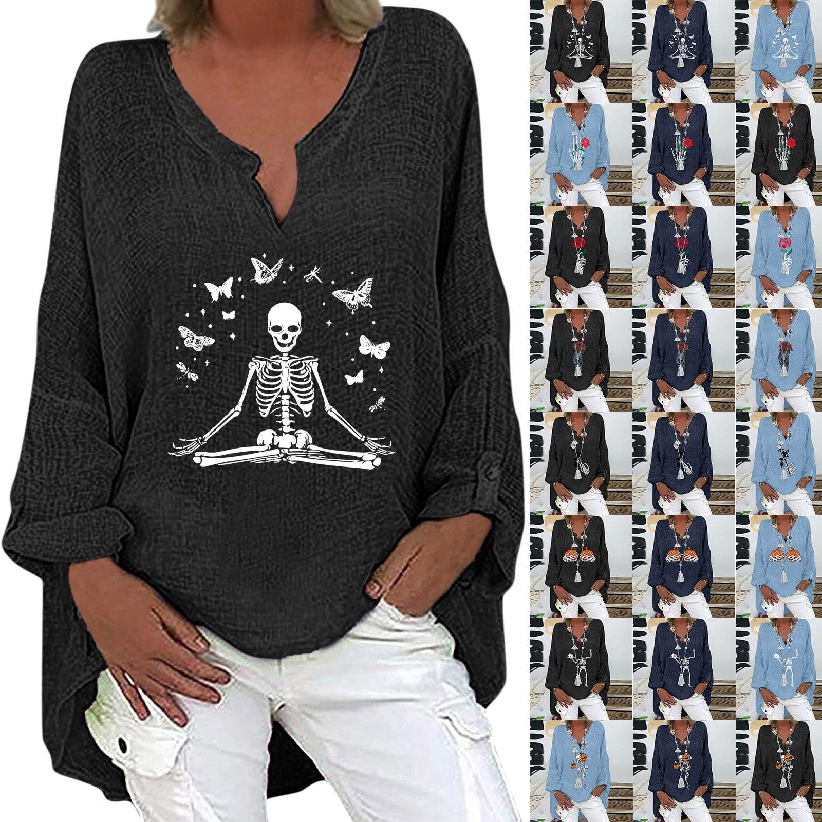 Halloween Themed Print V-neck Cotton Linen Long Sleeve Shirt For Women - Trendha