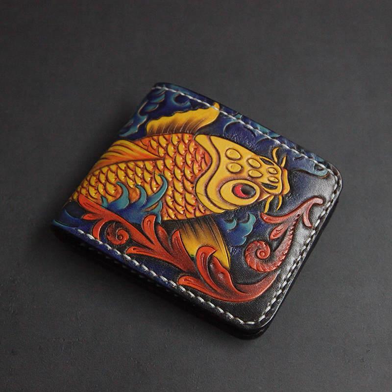 First Layer Cowhide Handmade Leather Carving Wallet Short Carp Couple Gift - Trendha