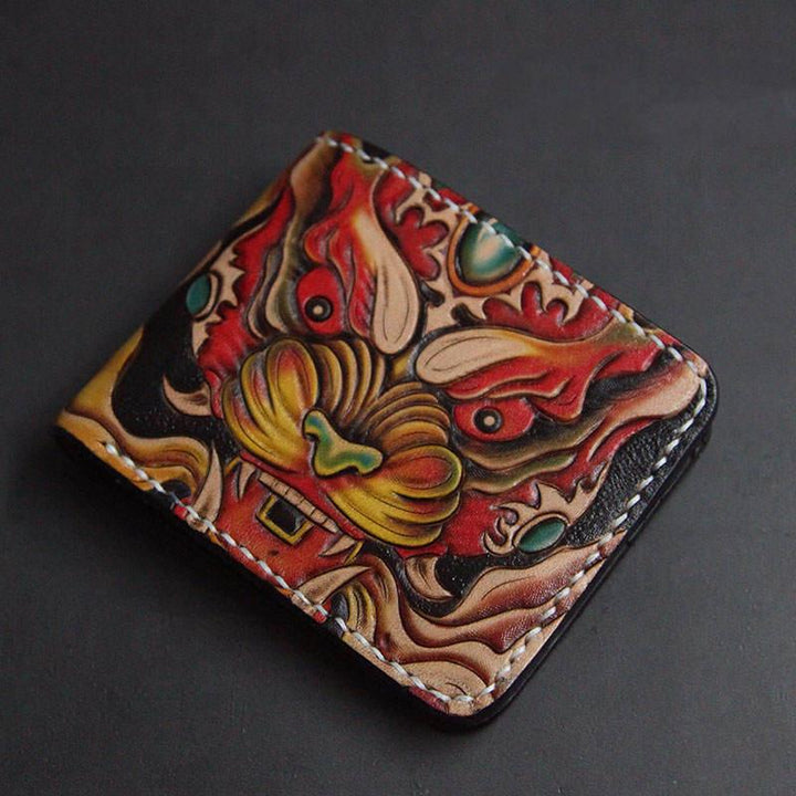 First Layer Cowhide Handmade Leather Carving Wallet Short Carp Couple Gift - Trendha