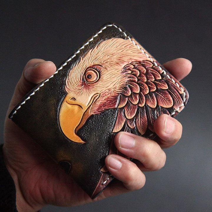 First Layer Cowhide Handmade Leather Carving Wallet Short Carp Couple Gift - Trendha